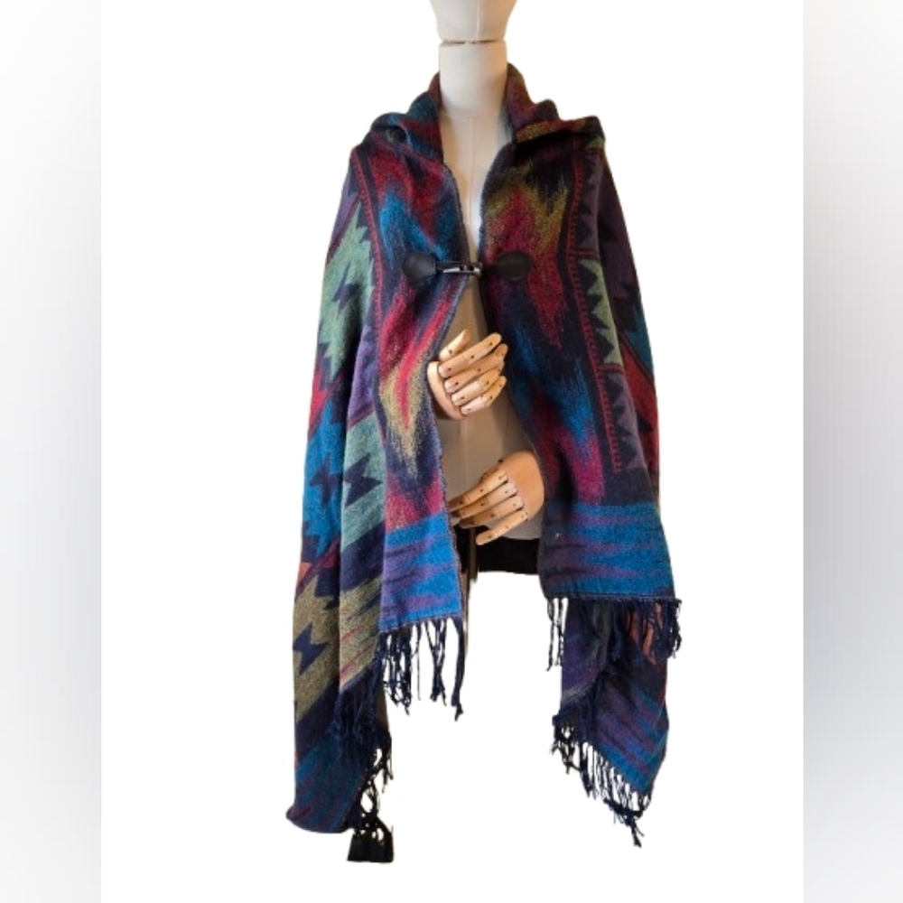 Woven Heart Hooded Cape Poncho with Fringe Medium